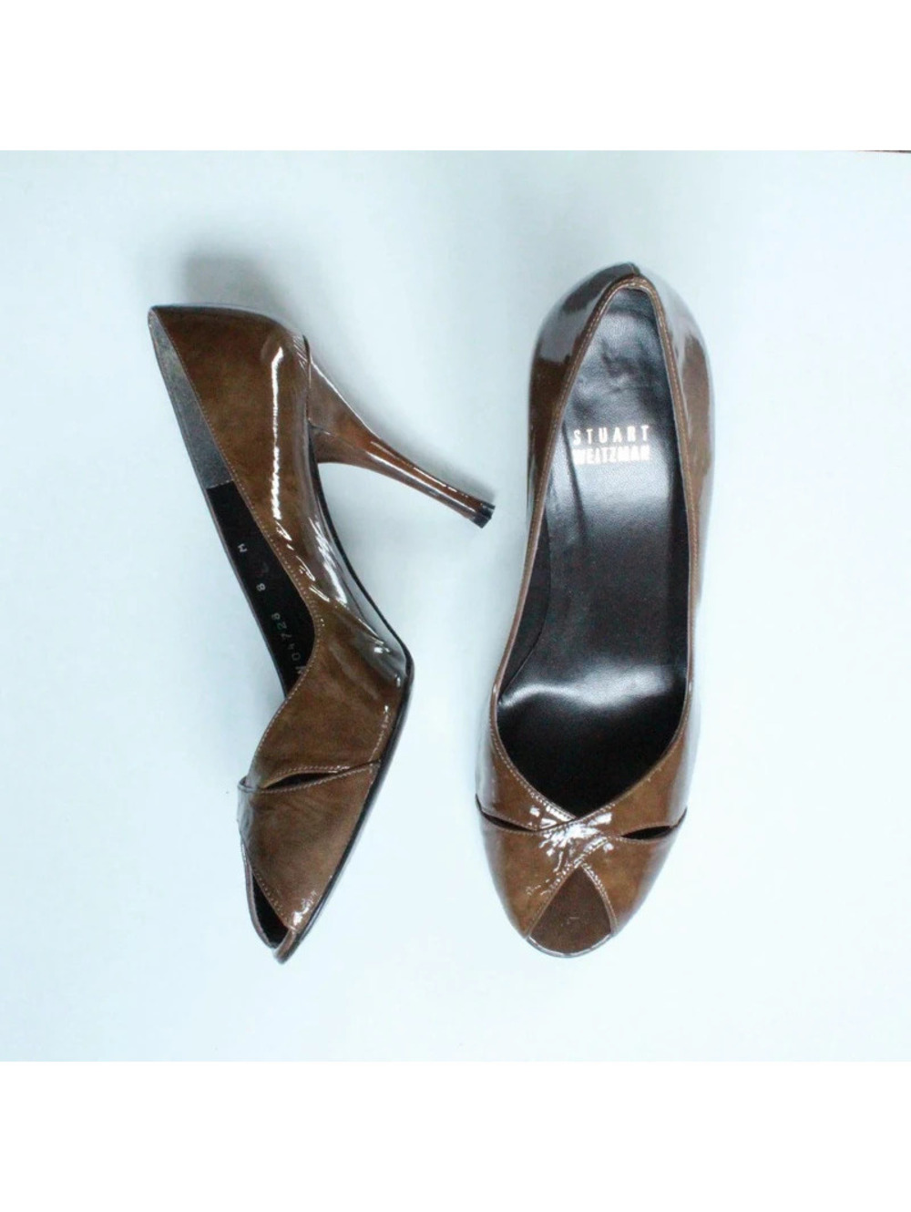 stuart weitzman bronze metallic leather peep toe slingback heels